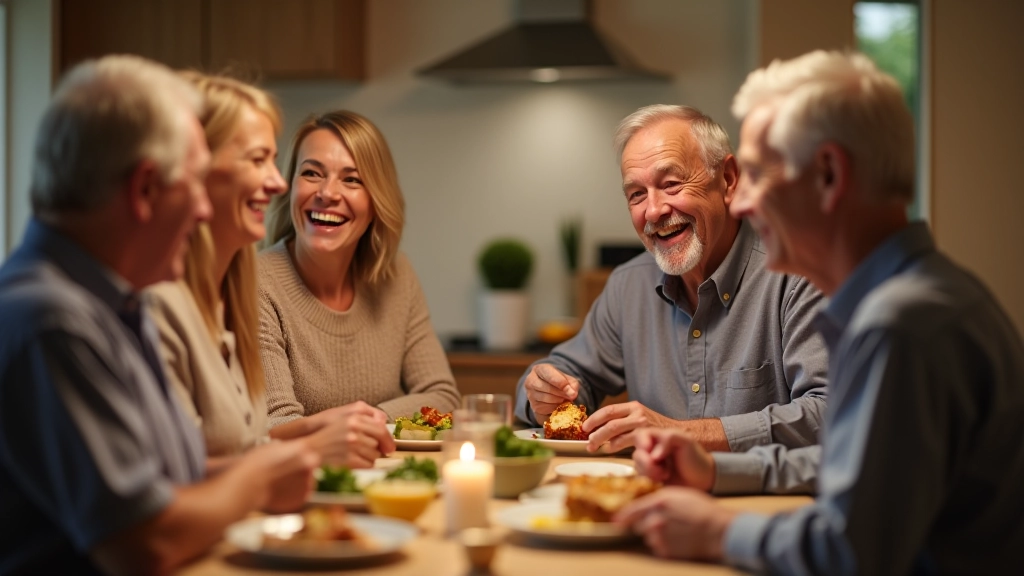 Multi-generational family gathered around dining table sharing meal, laughter and connection, warm home setting