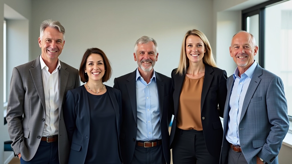 Diverse team of coaches and counselors standing together, professional setting, warm welcoming environment