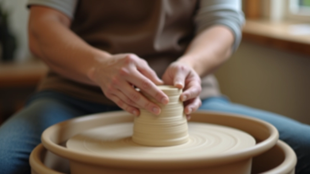 Hands shaping clay on pottery wheel in bright studio, focused concentration, professional setting
