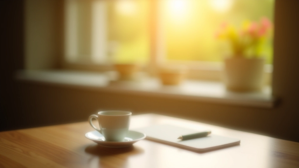 Morning sunlight streaming through window, coffee cup on wooden table, peaceful morning setting