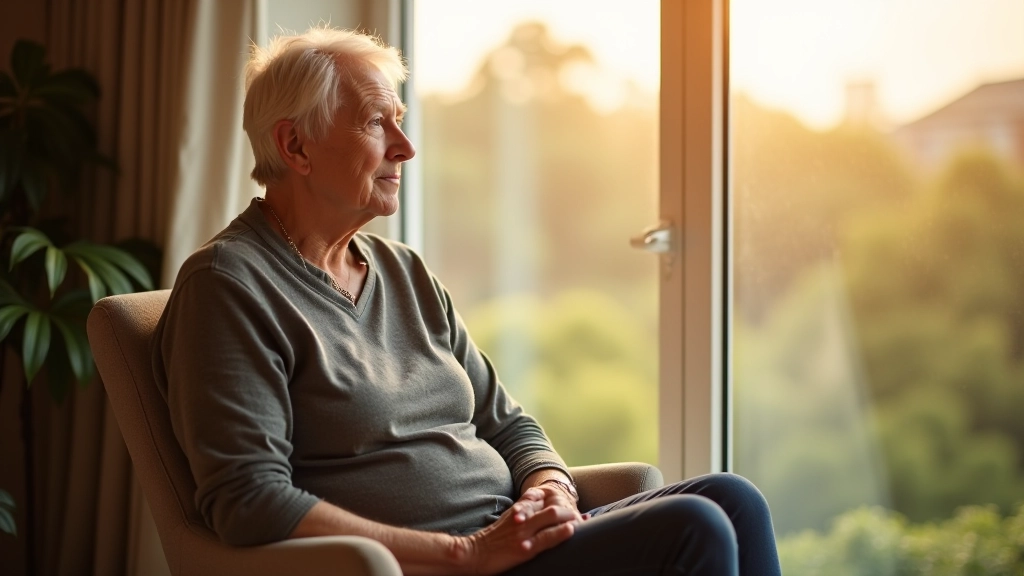 Person reflecting peacefully by window, natural morning light, peaceful retirement setting