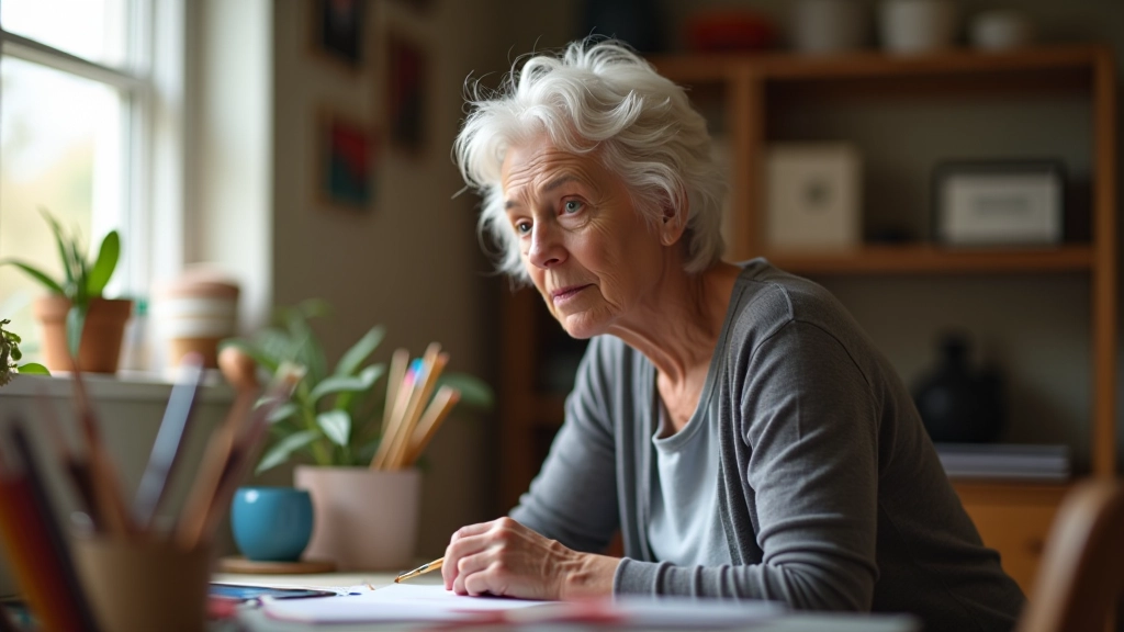 Person at creative workspace with art supplies, paints, and sketchbook, focused on creative project