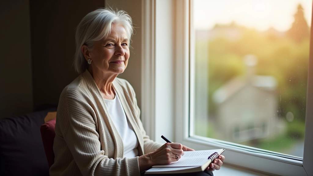 Person sitting by a window with notebook, reflecting peacefully in natural light