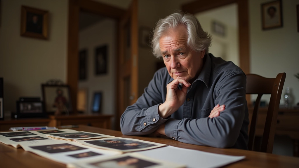 Person looking at personal photographs and memorabilia spread on table, reflecting on memories