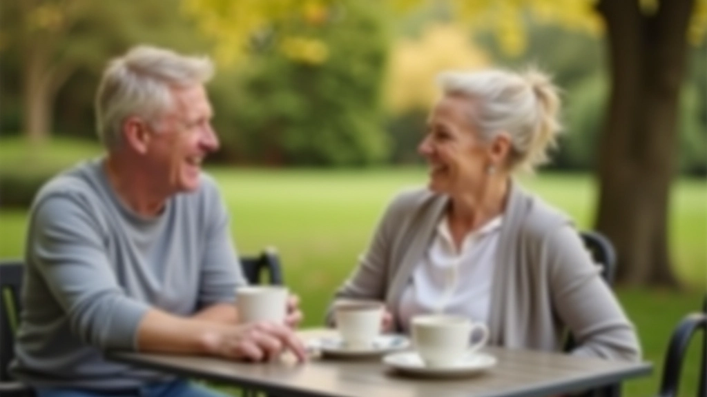 Person having coffee with friend outdoors, genuine conversation and laughter, connection moment