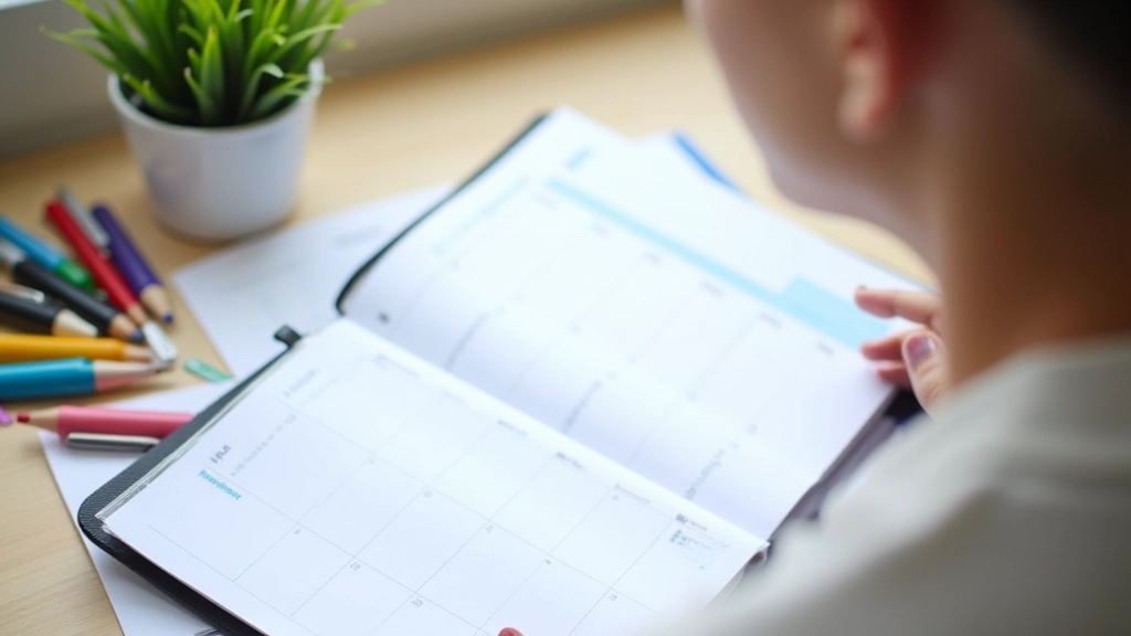 Calendar on desk with daily activities marked, planner showing weekly structure