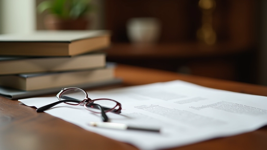 Stack of professional books and career documents on desk, eyeglasses nearby, warm library lighting